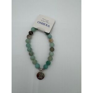 OSHENA Buddha Charm Beaded Bracelet Unisex OS Green Silver Excellent Zen Stone